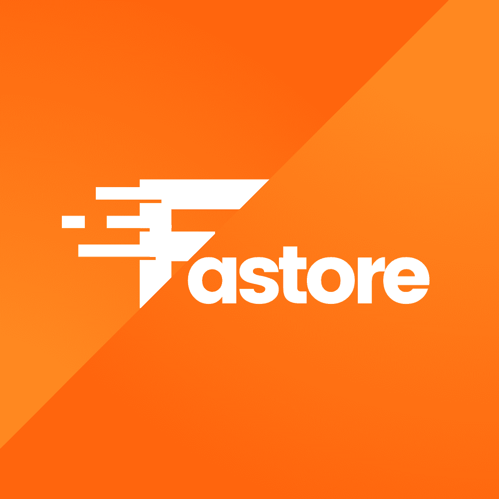 Logo de Fastore - conception en blanc avec fond orange nuancé pour une entreprise de e-commerce à Madagascar par Moraless Ltd.