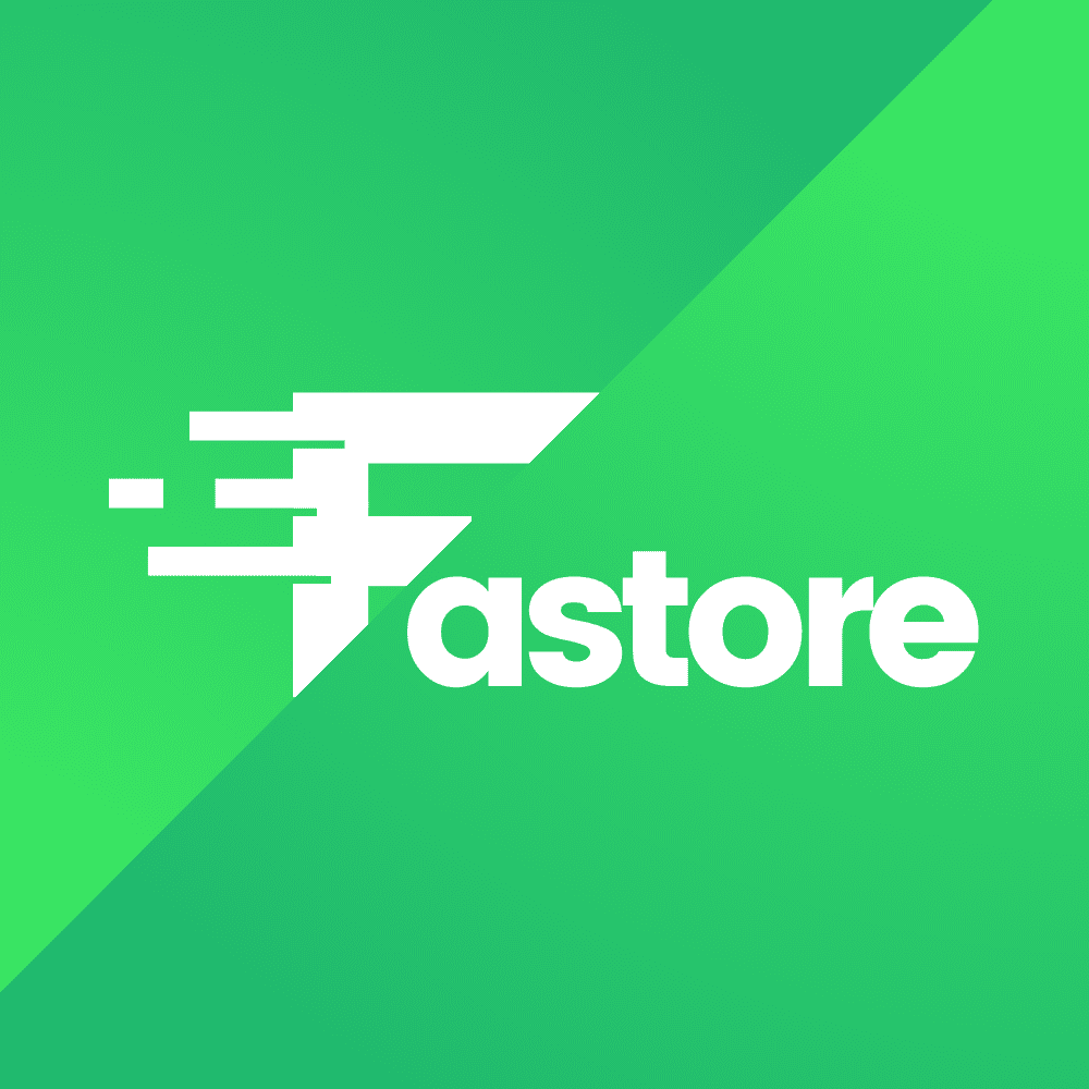 Logo de Fastore - conception en blanc avec fond vert nuancé pour une entreprise de e-commerce à Madagascar par Moraless Ltd.