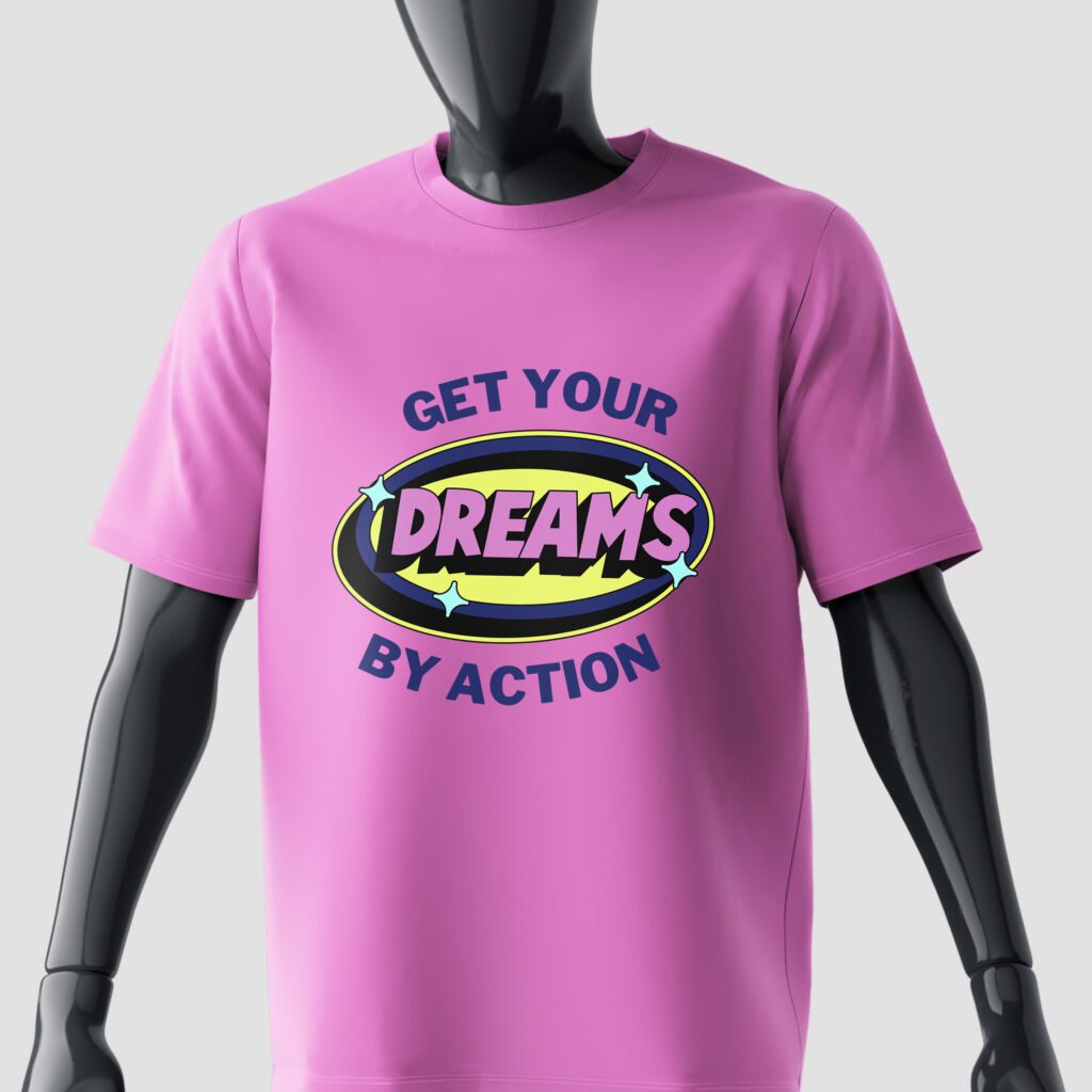 Mannequin portant un t-shirt présentant un design du monde en rose avec l'inscription "Dream", création de Moraless Ltd.