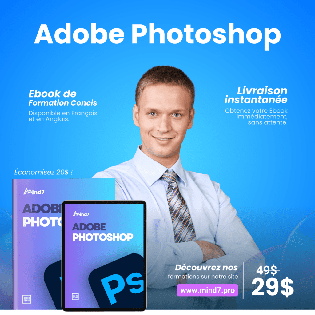 Design de Médias Sociaux pour la promotion de la formation Adobe Photoshop de Mind7, créé par Moraless Ltd.