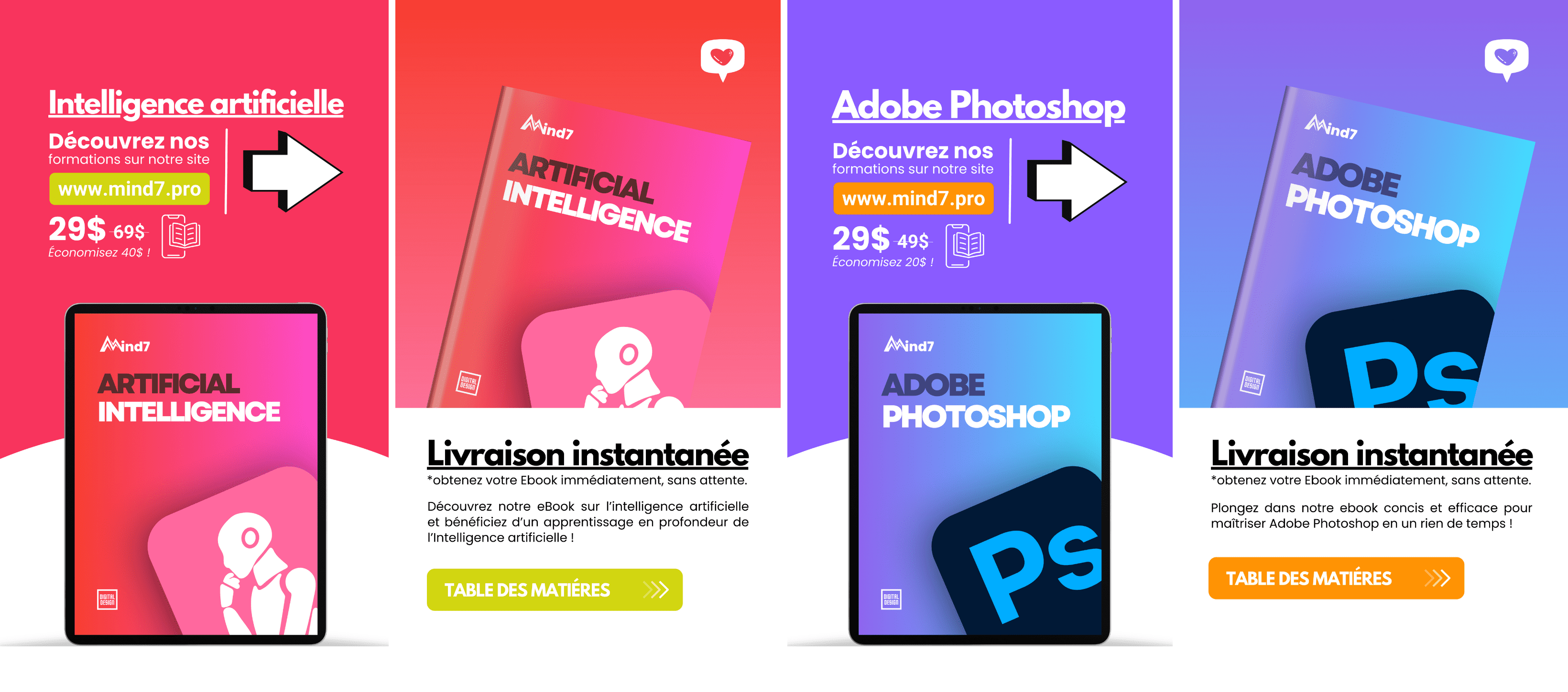 Couvertures des formations sur Adobe Photoshop et Intelligence Artificielle proposées par la marque, design réalisé par Moraless Ltd.
