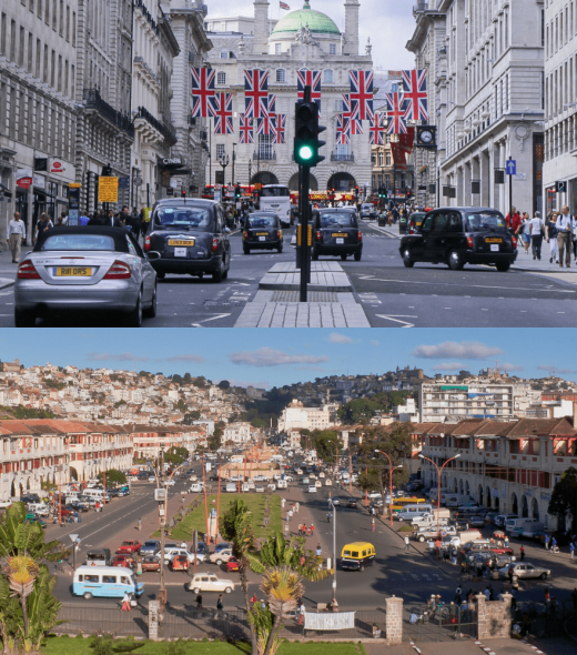 Collage montrant les quartiers d'affaires du Royaume-Uni et de Madagascar, symbolisant les bases opérationnelles de Moraless Ltd.